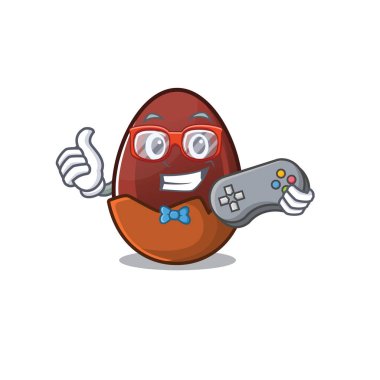 Gülen oyuncu çikolatalı yumurta çizgi film maskotu tarzı.