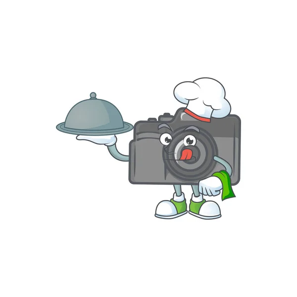 En ikon av digitalkamera som kock med mat på brickan redo att servera — Stock vektor