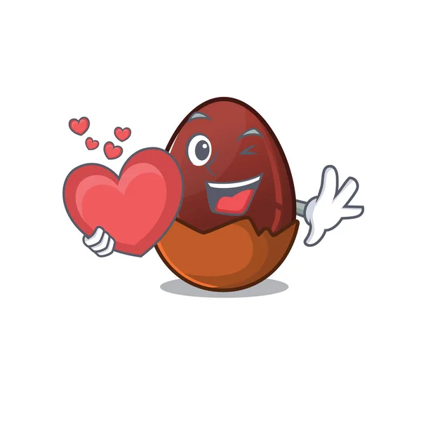 Romantique oeuf en chocolat dessin animé tenant un cœur — Image vectorielle