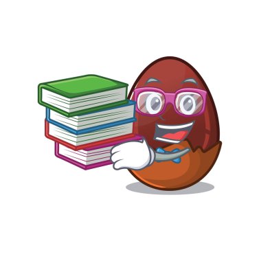 Maskot çizgi filmi çikolatalı yumurta, kitapla çalışıyor.