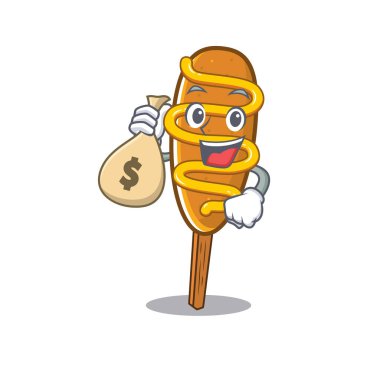 Rich and famous corn dog cartoon character holding money bag