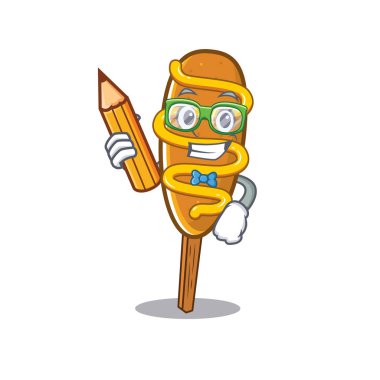 A smart Student corn dog character holding pencil