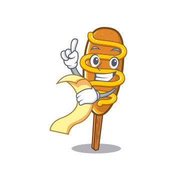 A funny cartoon character of corn dog holding a menu