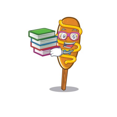 mascot cartoon of corn dog studying with book