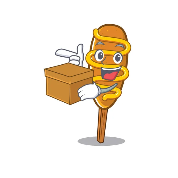 Carino corn dog personaggio dei cartoni animati con una scatola — Vettoriale Stock