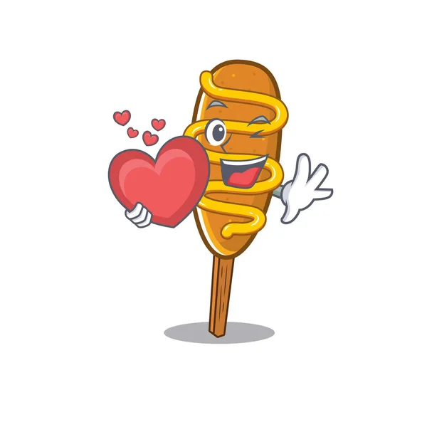 Romantic corn dog cartoon picture holding a heart — 图库矢量图片