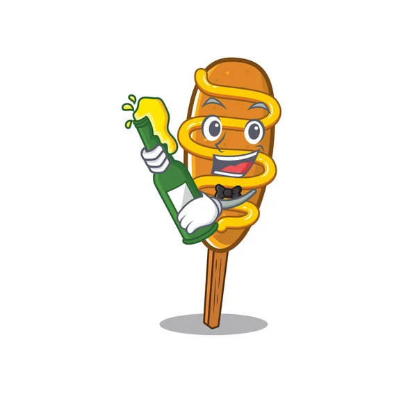 Mascot cartoon design of corn dog with bottle of beer — Stok Vektör