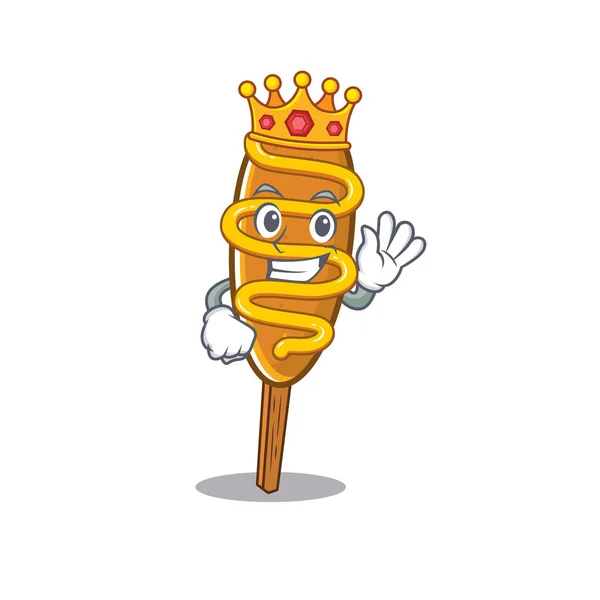 Um desenho de mascote de desenho animado de cachorro de milho realizado como um rei no palco — Vetor de Stock