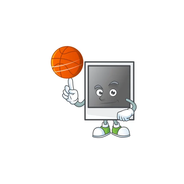Un fuerte vacío polaroid foto marco personaje de dibujos animados con una pelota de baloncesto — Vector de stock