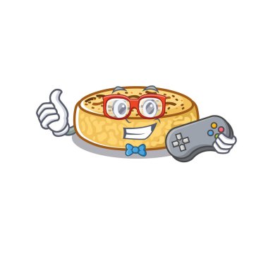 Smiley gamer crumpets cartoon in mascot style