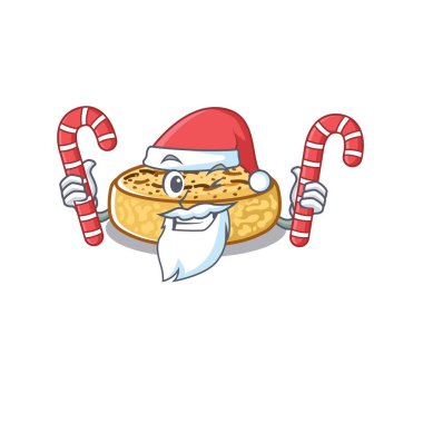 Crumpets Cartoon character wearing Santa costume bringing a candy