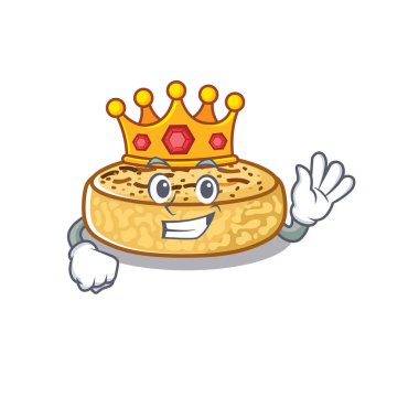 A cartoon mascot design of crumpets performed as a King on the stage