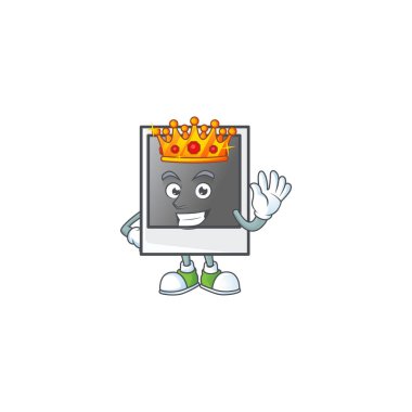 King 'in karikatür maskot tasarımında stilize edilmiş göz kamaştırıcı boş bir polaroid fotoğraf çerçevesi.
