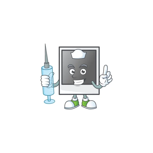 Enfermera sonriente polaroid vacío foto marco personaje de dibujos animados con una jeringa — Vector de stock