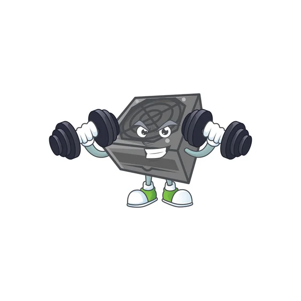 Fonte de alimentação unidade cor preta ícone mascote no exercício de fitness tentando barbells — Vetor de Stock