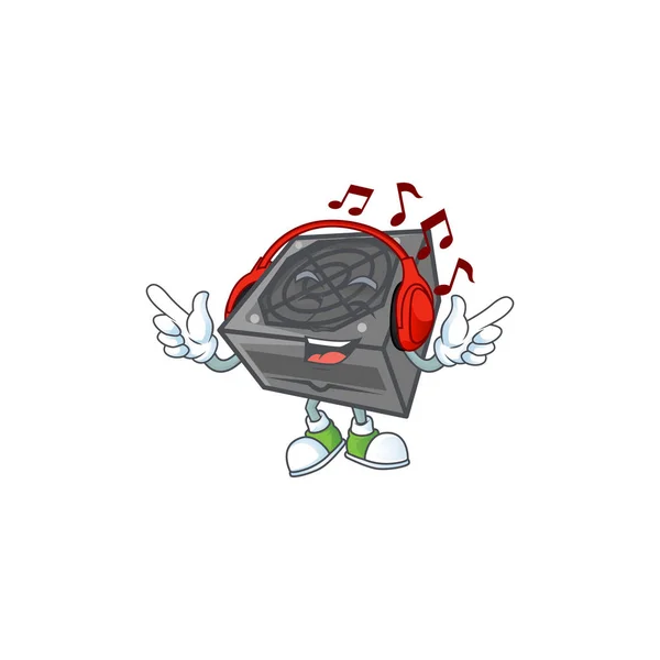 Unité d'alimentation couleur noire dessin animé character design Écouter de la musique sur un casque — Image vectorielle