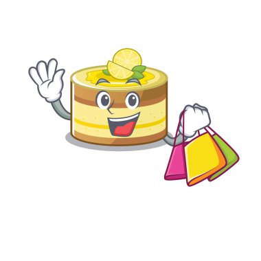 A friendly rich lemon cake waving and holding Shopping bag