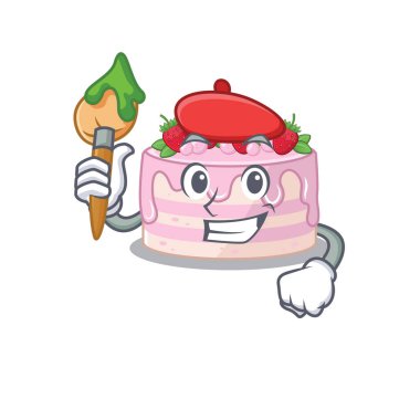 Çilekli kekin, fırçası olan bir sanatçı olarak güzel bir resmi.