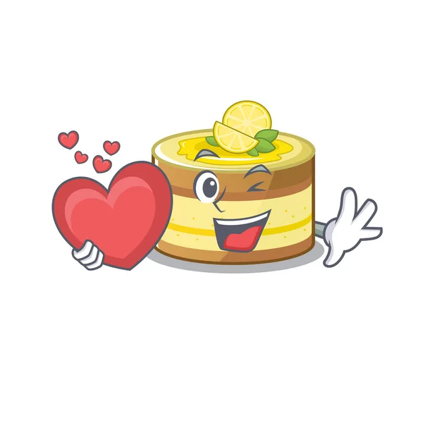 Ρομαντικό κέικ λεμονιού εικόνα κινουμένων σχεδίων κρατώντας μια καρδιά — Διανυσματικό Αρχείο