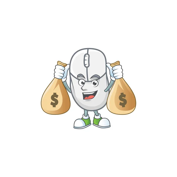 Симпатичное изображение персонажа белой мыши, держащего мешки с деньгами — стоковый вектор