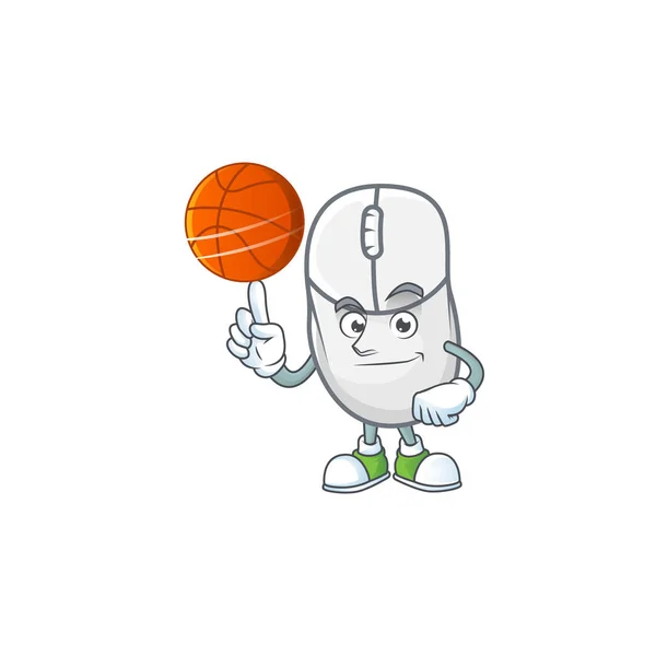 Um personagem de desenho animado do mouse branco forte com uma bola de basquete — Vetor de Stock