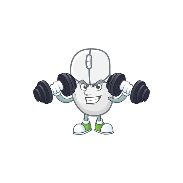 Ícone de mascote do mouse branco no exercício de fitness tentando barbells — Vetor de Stock