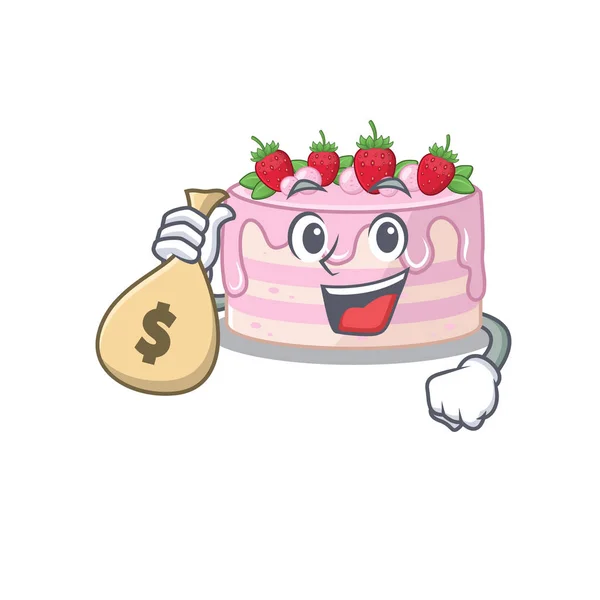 Rico e famoso personagem de desenho animado bolo de morango segurando saco de dinheiro — Vetor de Stock