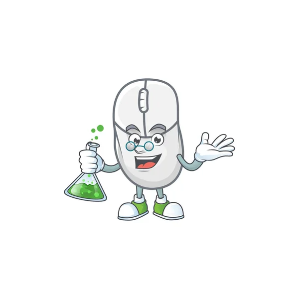 Un génie professeur souris blanche personnage de dessin animé avec tube en verre — Image vectorielle