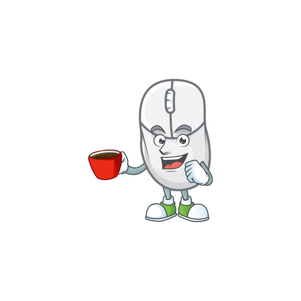 Cool white mouse cartoon character with a cup of coffee — Stock vektor