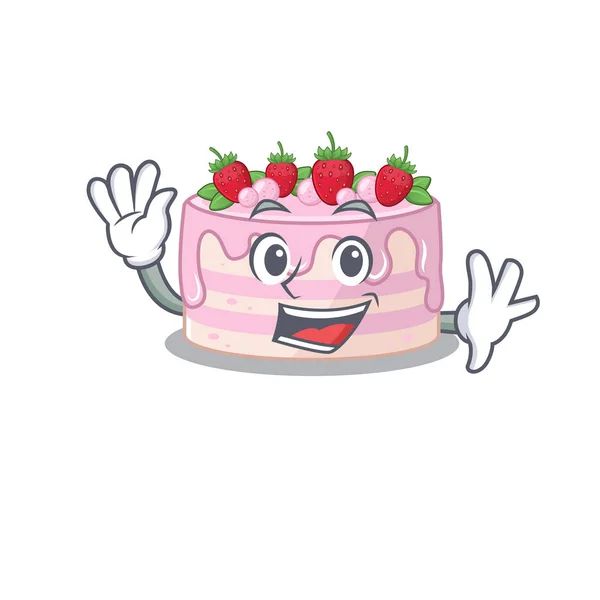 Estilo de diseño de mascota de pastel de fresa amigable ondeando — Vector de stock
