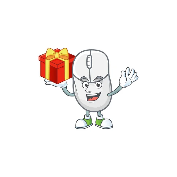 Personaje de dibujos animados de ratón blanco con una caja de regalo — Vector de stock