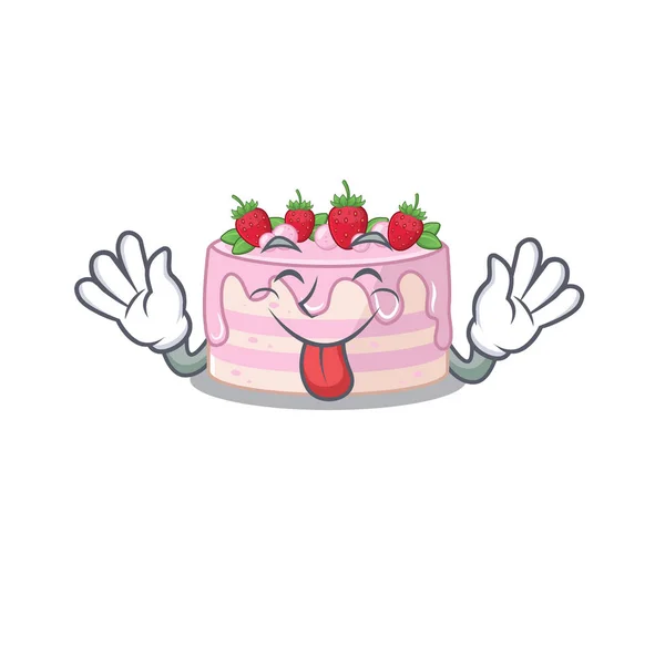 Divertente torta di fragole disegno della mascotte con Lingua fuori — Vettoriale Stock
