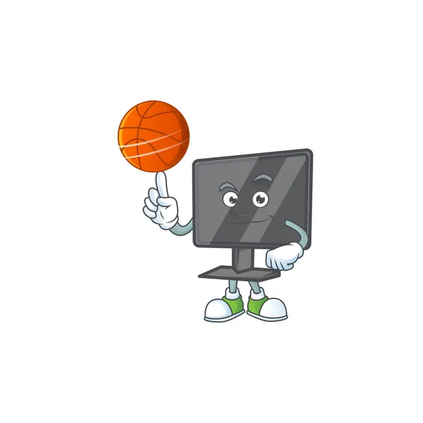 Сильный персонаж компьютерного экрана с баскетбольным мячом — стоковый вектор