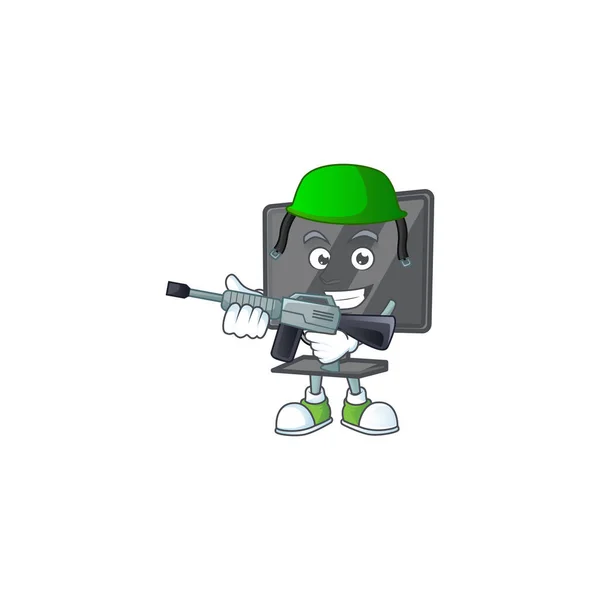 Computer screen mascot design in an Army uniform with machine gun — Stock Vector