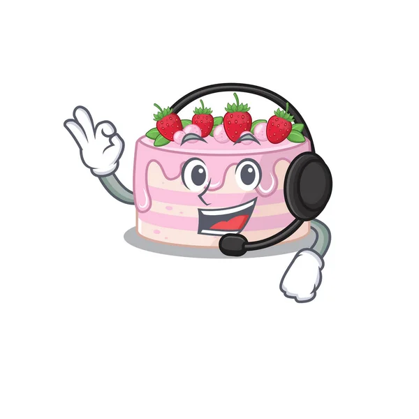 Happy jahodový dort maskot design styl nošení sluchátka — Stockový vektor