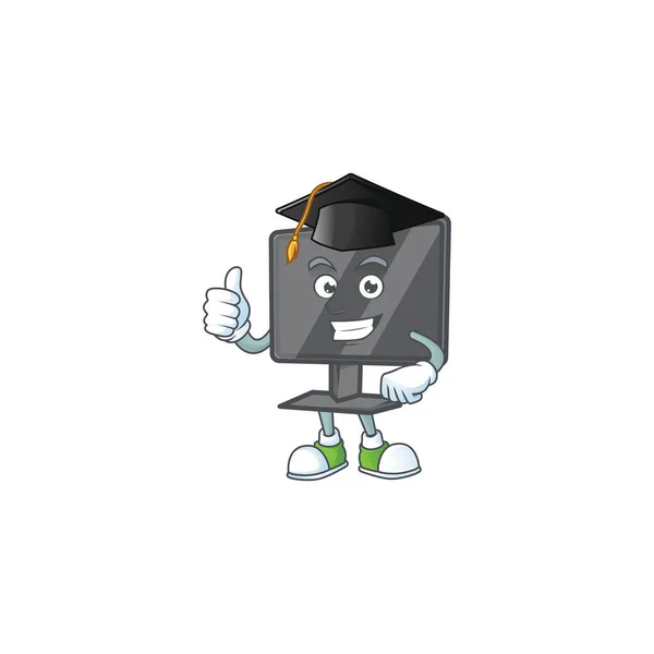 Um personagem feliz da tela do computador em um chapéu de graduação preto — Vetor de Stock