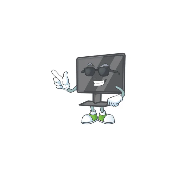 Super cool ordinateur écran mascotte personnage portant des lunettes noires — Image vectorielle