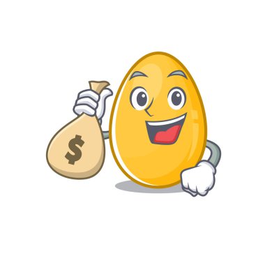 Rich and famous golden egg cartoon character holding money bag
