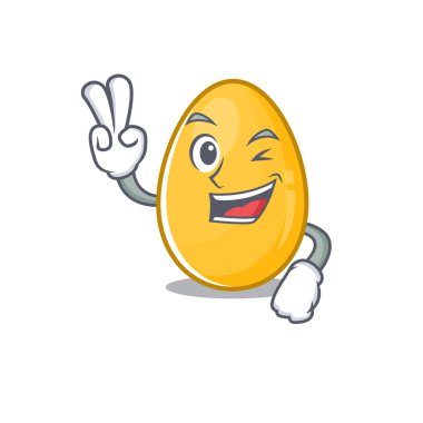 mascot of funny golden egg cartoon Character with two fingers