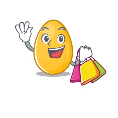 Dost canlısı altın yumurta el sallıyor ve alışveriş torbası tutuyor.