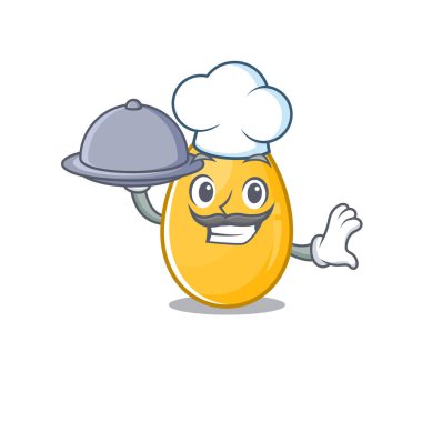 Aşçı olarak tepside yemek servisi yapan bir altın yumurta resmi.