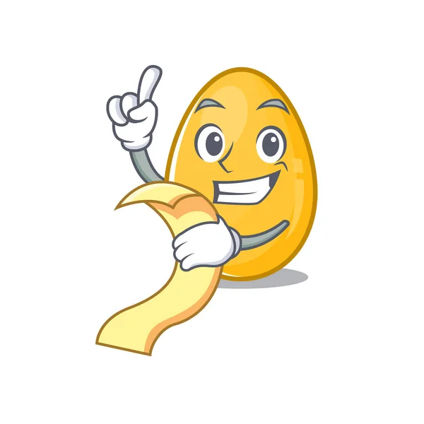 Sebuah karakter kartun lucu telur emas memegang menu - Stok Vektor