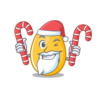Altın yumurta çizgi film karakteri Noel Baba kostümü giyiyor ve şeker getiriyor.