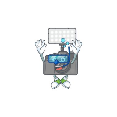 Dalış gözlüğü takan bir fotoğraf makinesi maskotu.