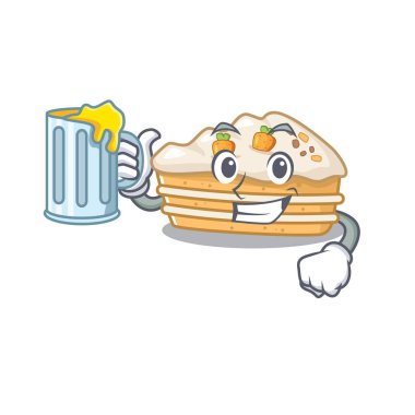 Gülen havuçlu kek maskotu tasarımı ve büyük bir bardak.