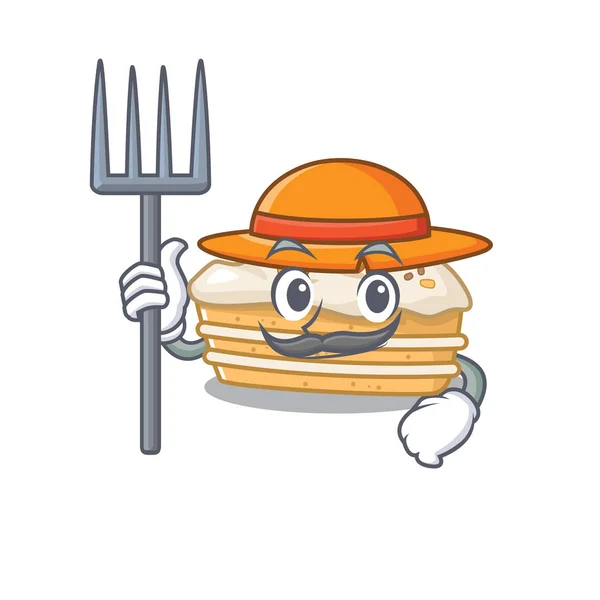 Felice Farmer torta di carote immagine cartone animato con cappello e strumenti — Vettoriale Stock
