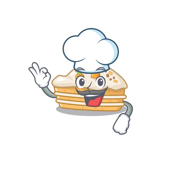 Personagem de desenho animado bolo de cenoura trabalhando como um chef e vestindo chapéu branco — Vetor de Stock