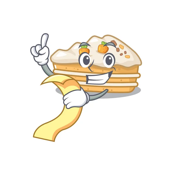 Um personagem engraçado dos desenhos animados de bolo de cenoura segurando um menu — Vetor de Stock