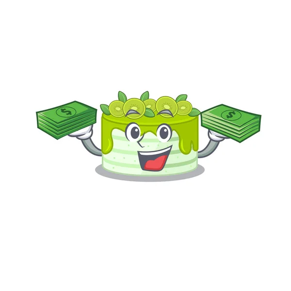 Cool rich kiwi cake character having money on hands — Stock Vector