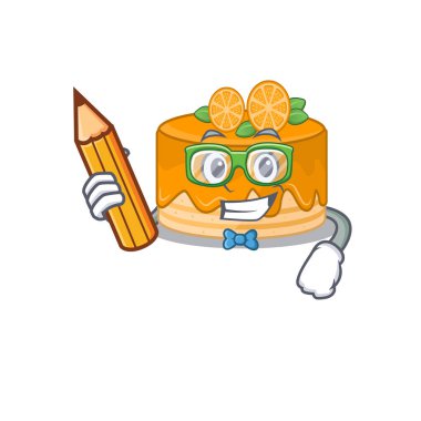 Akıllı bir turuncu pasta karakteri elinde kalem tutuyor.